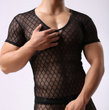 2015 Fashion Brand Black Plaid Fishnet Transparent Man Sexy Fitness T Shirts