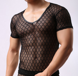 2015 Fashion Brand Black Plaid Fishnet Transparent Man Sexy Fitness T Shirts