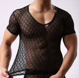 2015 Fashion Brand Black Plaid Fishnet Transparent Man Sexy Fitness T Shirts