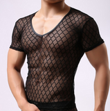 2015 Fashion Brand Black Plaid Fishnet Transparent Man Sexy Fitness T Shirts