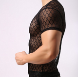 2015 Fashion Brand Black Plaid Fishnet Transparent Man Sexy Fitness T Shirts