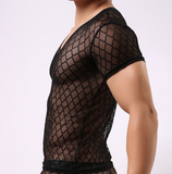 2015 Fashion Brand Black Plaid Fishnet Transparent Man Sexy Fitness T Shirts