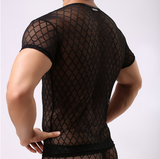 2015 Fashion Brand Black Plaid Fishnet Transparent Man Sexy Fitness T Shirts