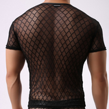 2015 Fashion Brand Black Plaid Fishnet Transparent Man Sexy Fitness T Shirts