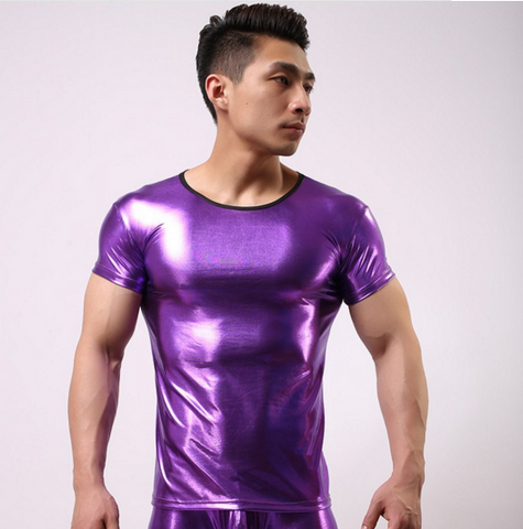 2015 Fashion Brand Fake Leather Men Sexy Fitness Bodybuilding Funny T Shirts