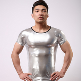 2015 Fashion Brand Fake Leather Men Sexy Fitness Bodybuilding Funny T Shirts