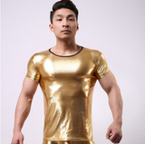 2015 Fashion Brand Fake Leather Men Sexy Fitness Bodybuilding Funny T Shirts