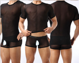Fashion Mens Sexy sheer t shirt men gauze short-sleeve slim see through underwear