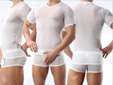 Fashion Mens Sexy sheer t shirt men gauze short-sleeve slim see through underwear