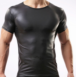 Men Sexy Black Faux Leather Fitness Bodybuilding Short Sleeves Funny T shirts