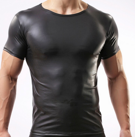 Men Sexy Black Faux Leather Fitness Bodybuilding Short Sleeves Funny T shirts