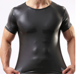 Men Sexy Black Faux Leather Fitness Bodybuilding Short Sleeves Funny T shirts