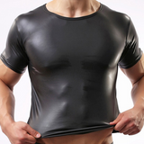 Men Sexy Black Faux Leather Fitness Bodybuilding Short Sleeves Funny T shirts