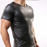 Men Sexy Black Faux Leather Fitness Bodybuilding Short Sleeves Funny T shirts