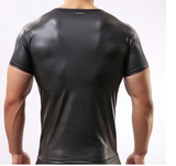 Men Sexy Black Faux Leather Fitness Bodybuilding Short Sleeves Funny T shirts